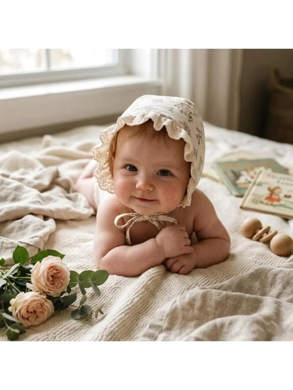 Vintage Floral Cotton Baby Girls' Bonnet - Lace Sun Protection Hat for Infants